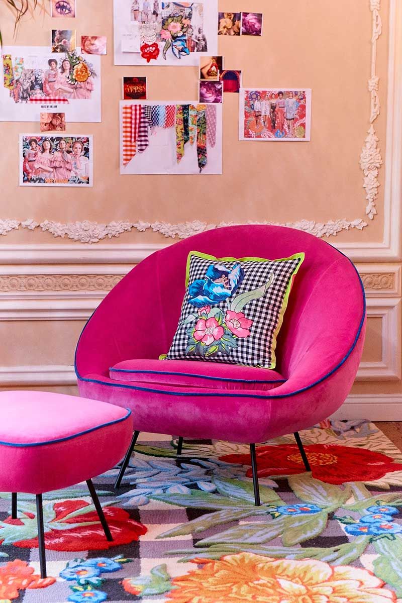 Pink, Furniture, Living room, Interior design, Room, Chair, Red, Orange, Couch, Floor, 