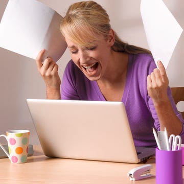 Blond, Purple, Technology, Cup, Electronic device, Computer, Fun, Material property, Sitting, Table, 