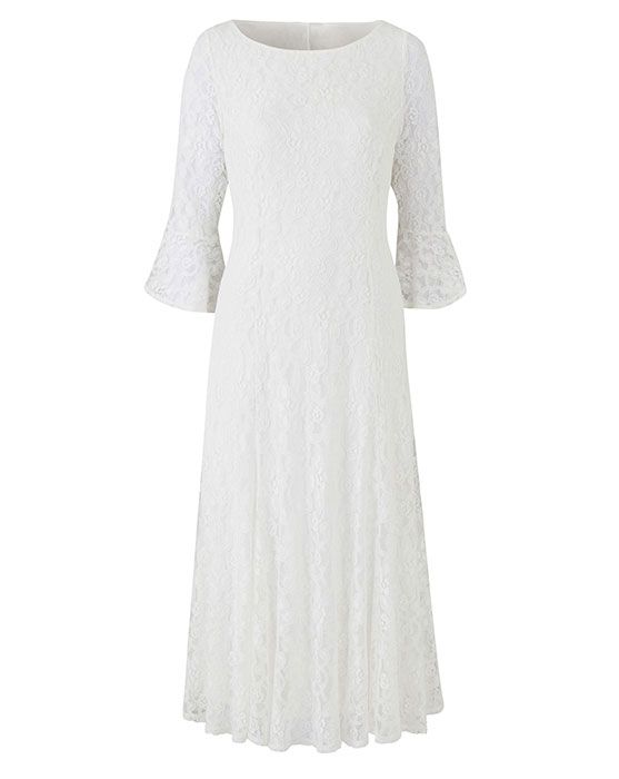 Clothing, White, Dress, Sleeve, Day dress, Gown, Outerwear, A-line, Neck, Lace, 