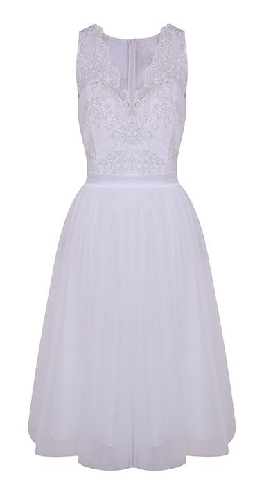 Clothing, Dress, White, Cocktail dress, Day dress, A-line, Gown, Bridal party dress, Neck, Strapless dress, 