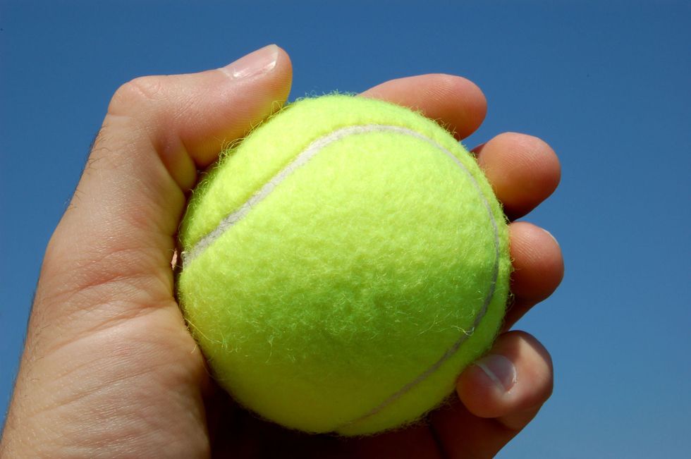 Human, Finger, Green, Skin, Ball, Sports equipment, Ball, People in nature, Tennis ball, Thumb, 