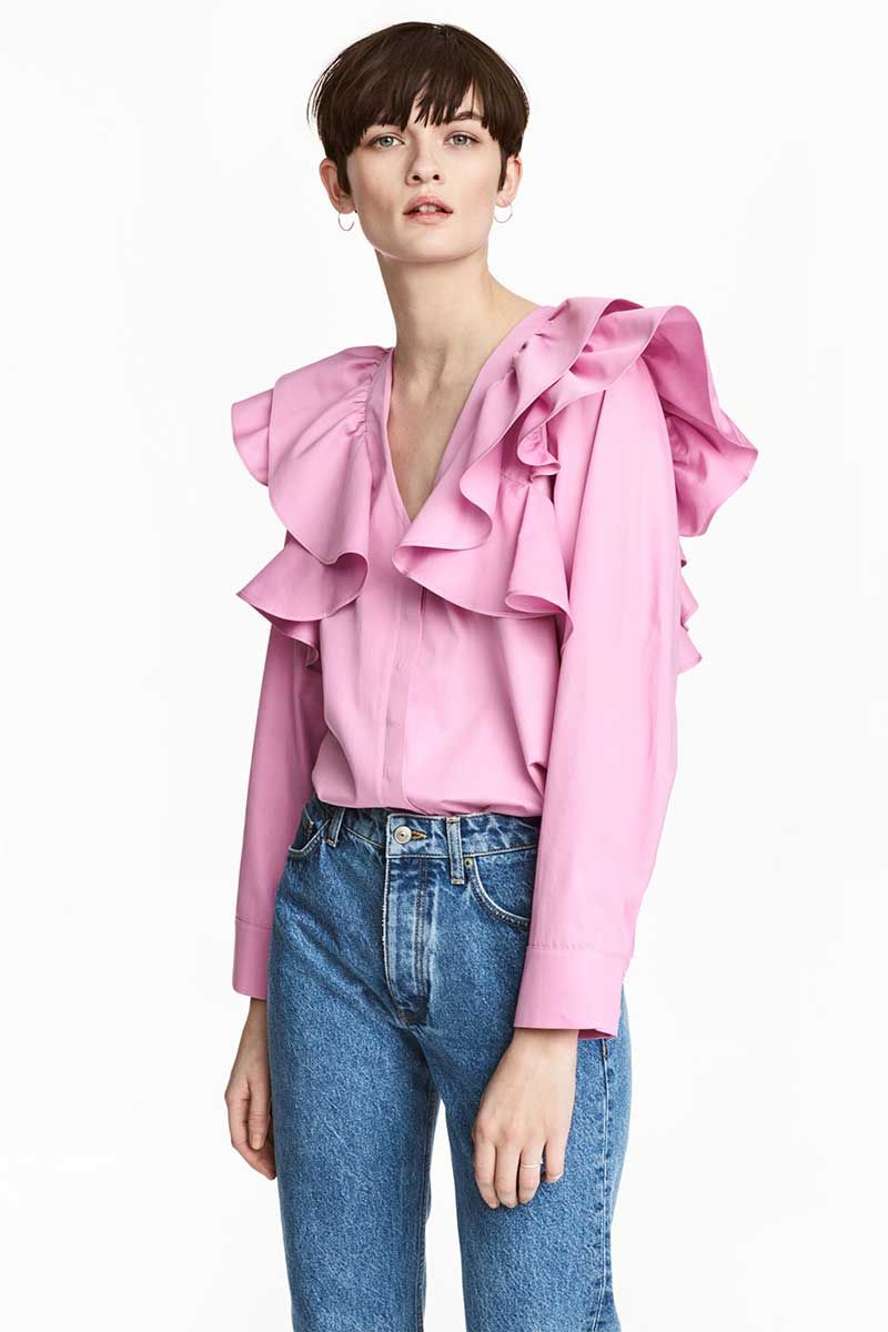Clothing, Shoulder, Pink, Sleeve, Jeans, Neck, Outerwear, Joint, Blouse, Shirt, 