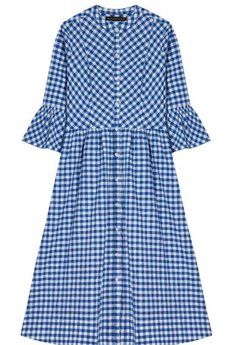 Clothing, Day dress, Blue, Pattern, Sleeve, Dress, Plaid, Design, Textile, Collar, 