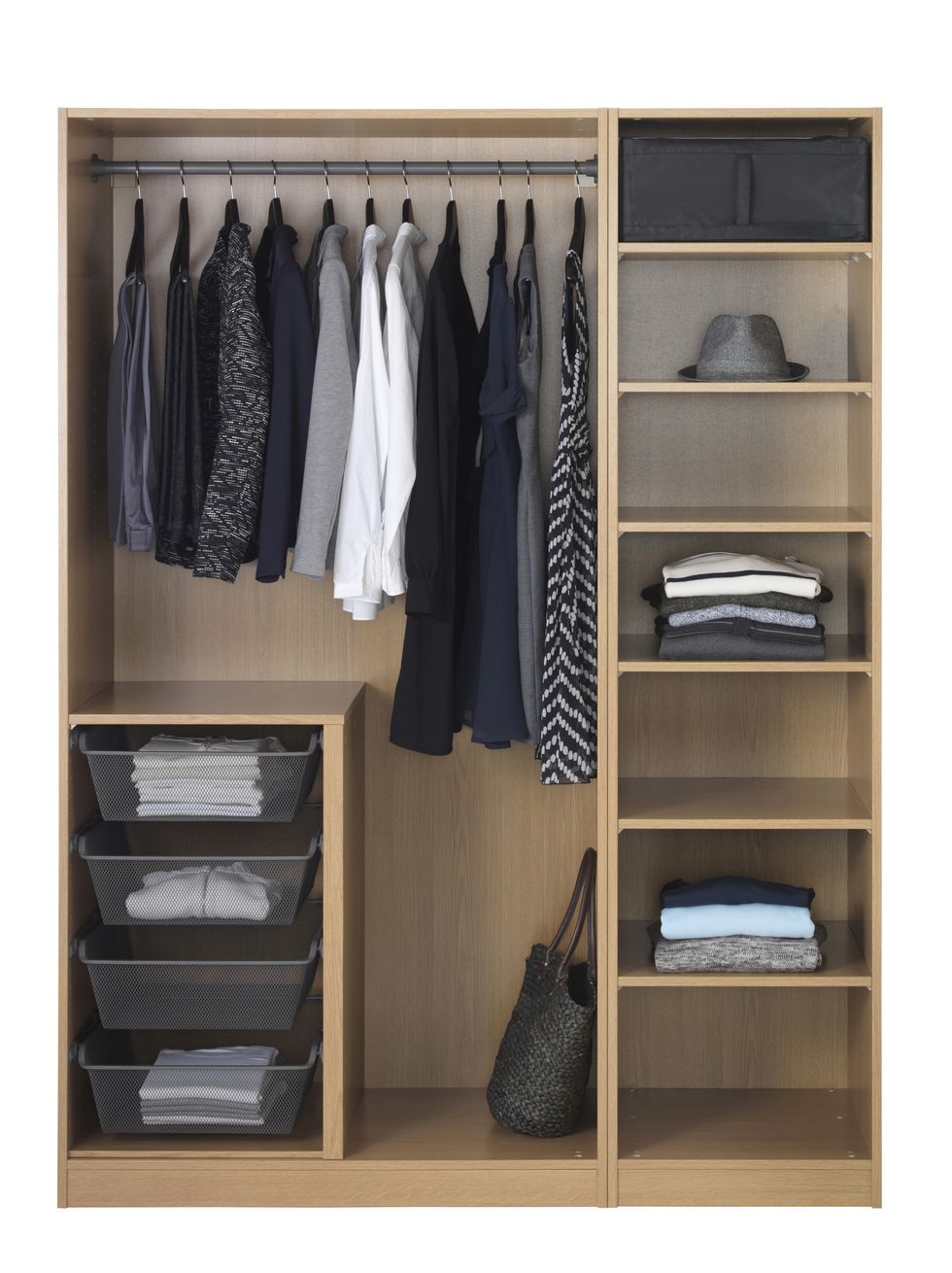 Shelf, Room, Shelving, Furniture, Clothes hanger, Closet, Bag, Grey, Collection, Wardrobe, 