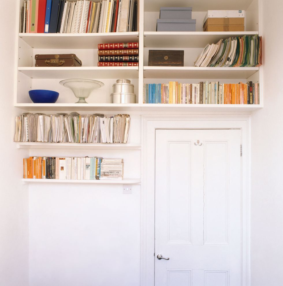Wood, Shelf, Shelving, Bookcase, Publication, Room, Wall, White, Interior design, Door, 