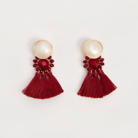 Earrings, Maroon, Pearl, Jewellery, Fashion accessory, Magenta, Dress, Body jewelry, 