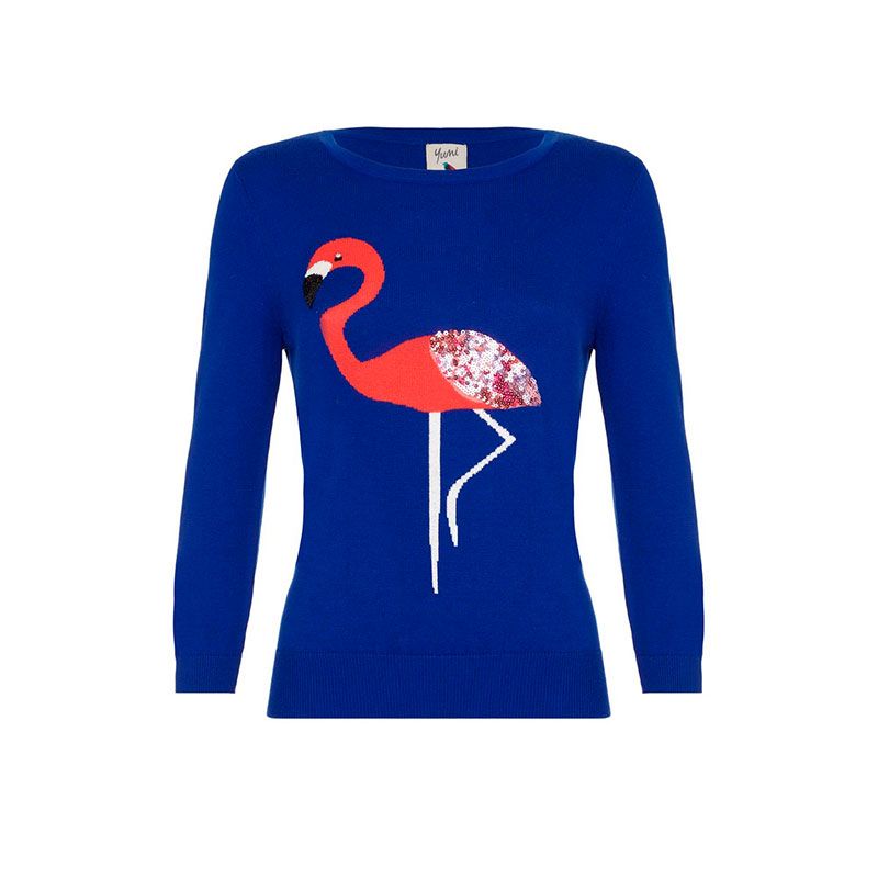 Flamingo, Greater flamingo, Clothing, Bird, Sleeve, T-shirt, Water bird, Neck, Electric blue, Top, 