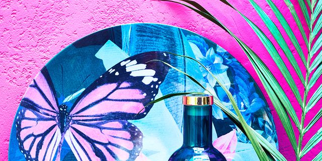 Blue, Bottle, Pink, Turquoise, Water, Design, Still life, Butterfly, Graphic design, Glass bottle, 
