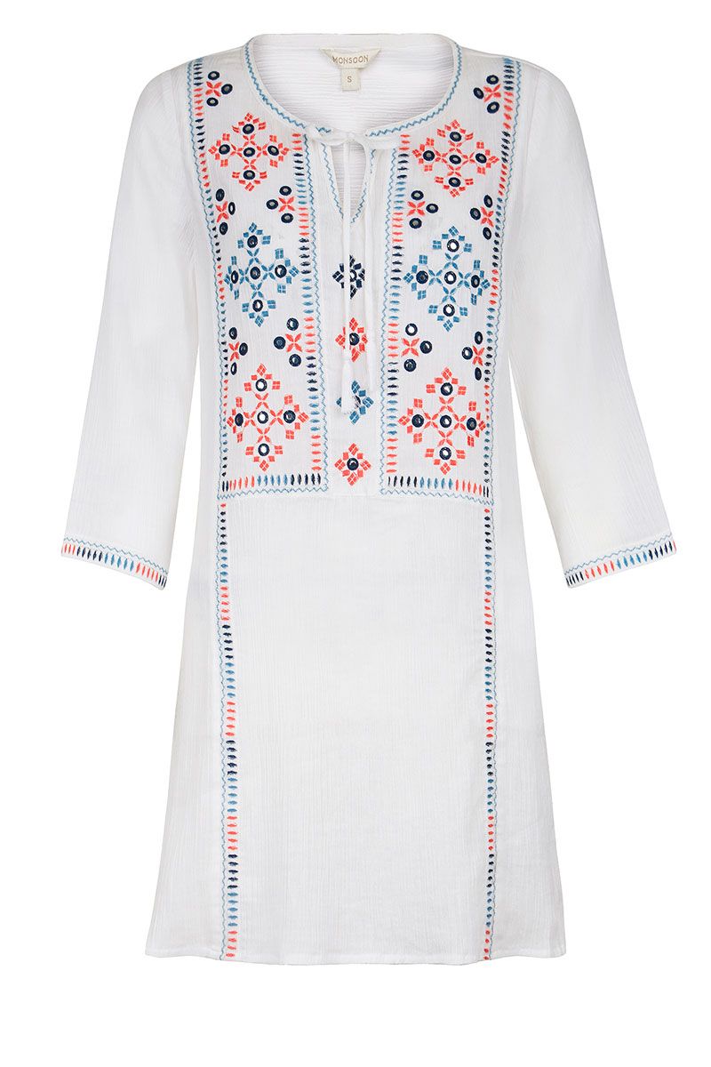 Clothing, White, Sleeve, Blue, Outerwear, Blouse, Dress, Embroidery, Top, Neck, 