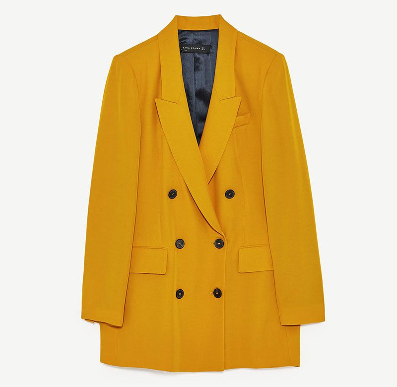 Clothing, Outerwear, Yellow, Blazer, Jacket, Suit, Button, Sleeve, Formal wear, Coat, 