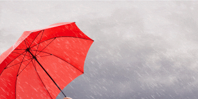 Umbrella, Red, Rain, Sky, Cloud, Standing, Outerwear, Leaf, Fashion accessory, Smile, 