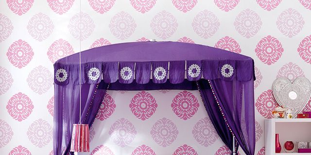 Bedroom, Bed, Furniture, Violet, Purple, Canopy bed, Room, Product, Decoration, Lilac, 