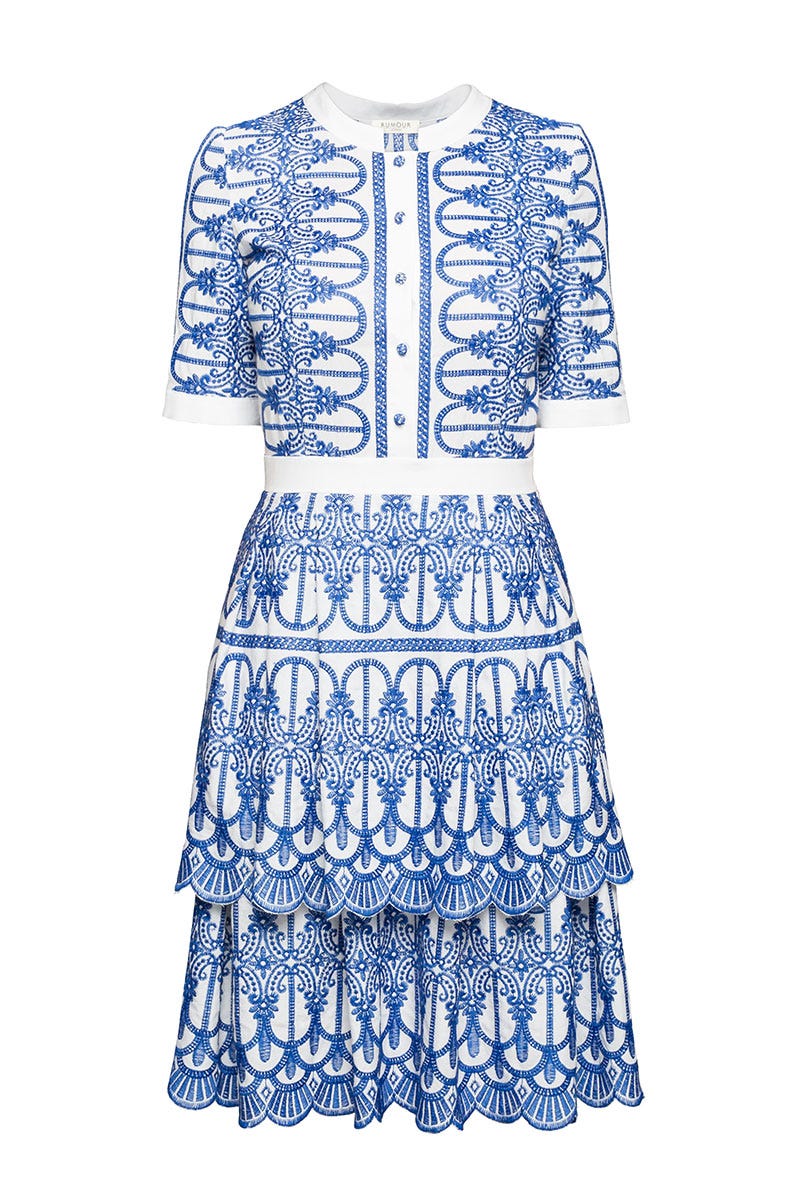 Clothing, Day dress, White, Blue, Dress, Sleeve, Pattern, Textile, Cocktail dress, Pattern, 