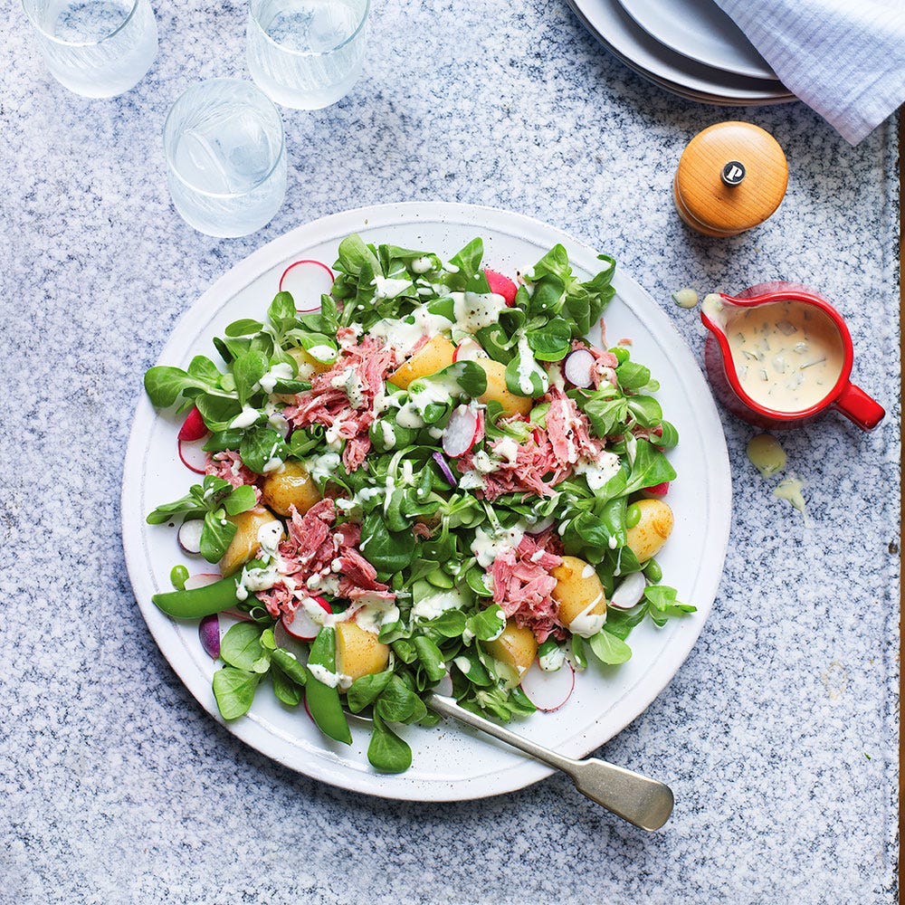 Sherry braised jersey royals with broad beans and serrano ham recipe