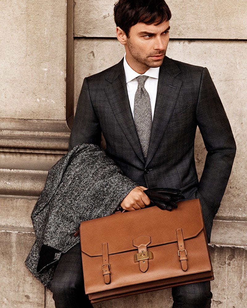 Suit, Clothing, Formal wear, Briefcase, Bag, Blazer, Outerwear, Fashion, Brown, Tuxedo, 