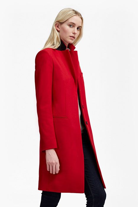 Clothing, Outerwear, Overcoat, Sleeve, Coat, Red, Neck, Collar, Maroon, A-line, 