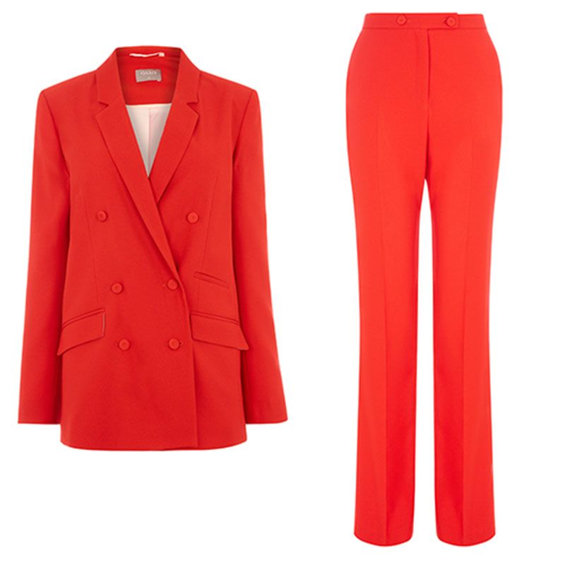 Clothing, Suit, Outerwear, Red, Blazer, Formal wear, Button, Jacket, Trousers, Pantsuit, 