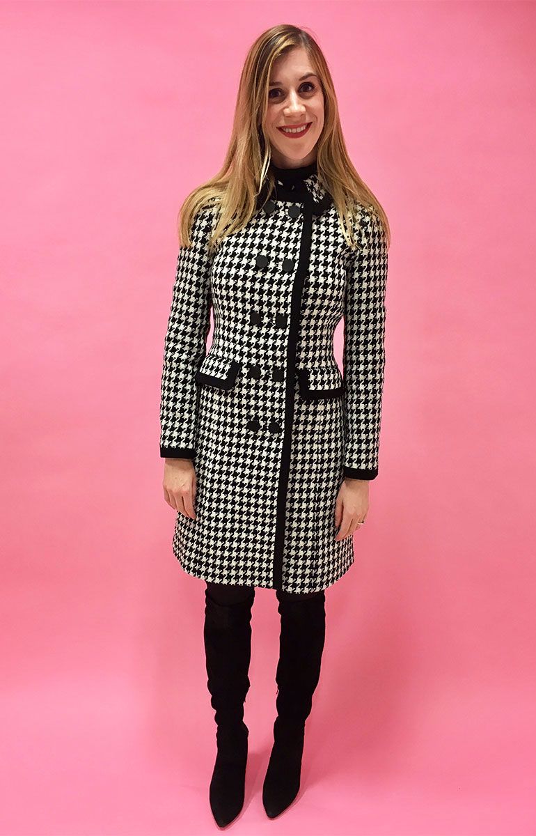 Clothing, Fashion model, Pink, Coat, Fashion, Outerwear, Overcoat, Shoulder, Pattern, Joint, 