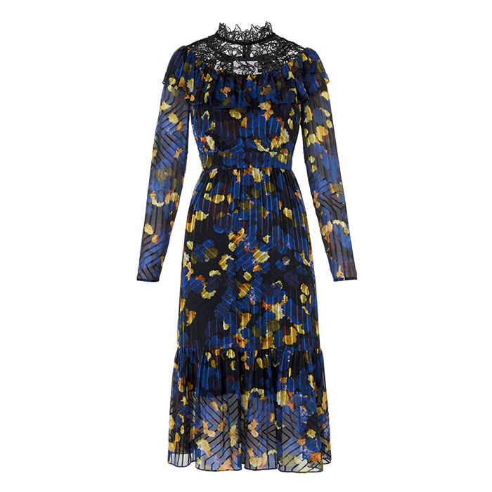 Clothing, Dress, Day dress, Sleeve, Blue, Yellow, Outerwear, Trench coat, Cocktail dress, Coat, 