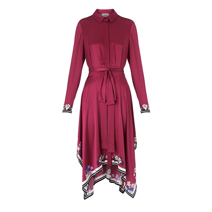 Clothing, Dress, Sleeve, Day dress, Pink, Magenta, Outerwear, Collar, Fashion, Trench coat, 