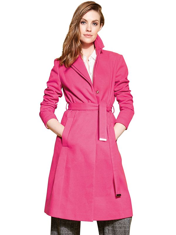 Clothing, Coat, Overcoat, Trench coat, Outerwear, Pink, Magenta, Sleeve, Duster, Collar, 