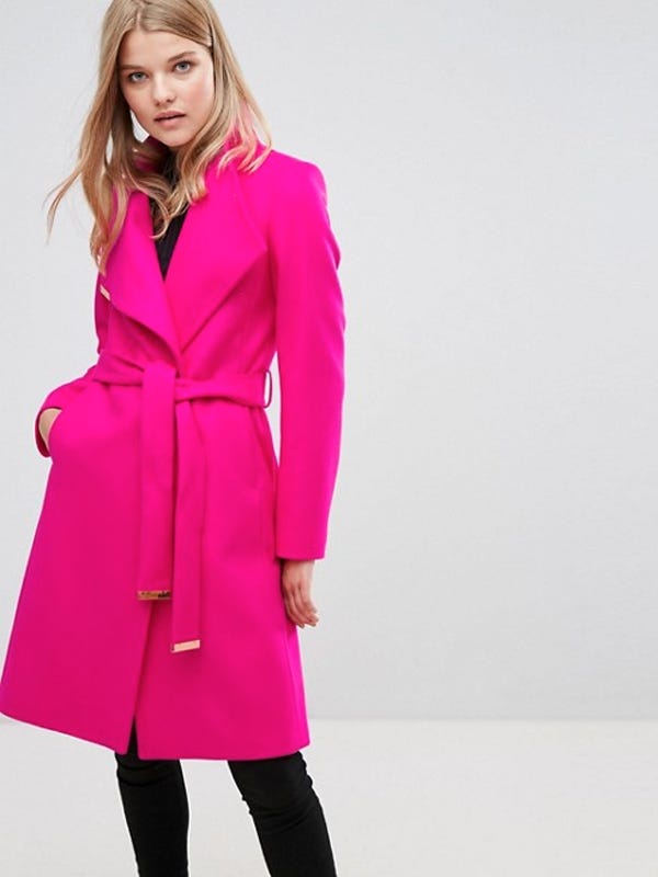 Clothing, Coat, Overcoat, Trench coat, Pink, Outerwear, Magenta, Duster, Fashion, Sleeve, 
