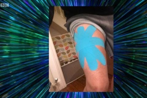 Blue, Tattoo, Leg, Footwear, Arm, Surfboard, Finger, Thigh, Shoe, Graphic design, 