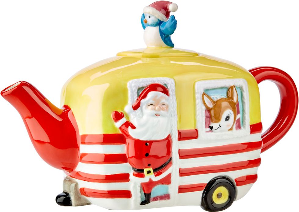 Santa claus, Teapot, Fictional character, Serveware, Tableware, Kettle, Vehicle, Holiday ornament, 