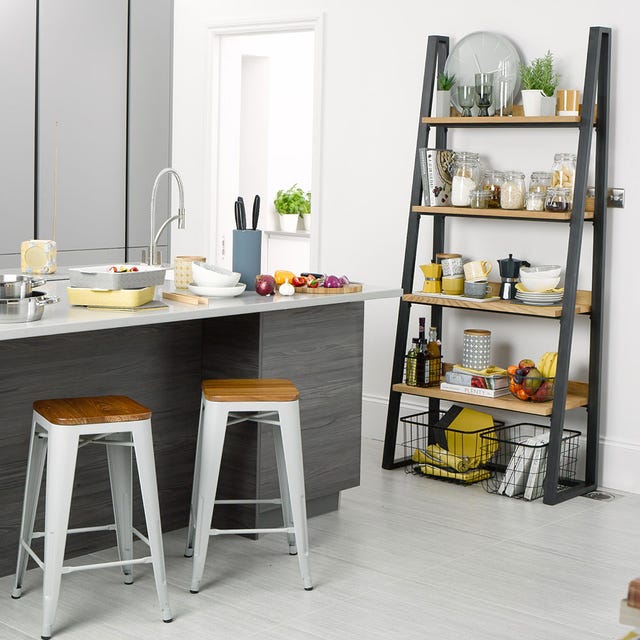 Furniture, Shelf, Yellow, Table, Room, Shelving, Desk, Stool, Chair, Bar stool, 