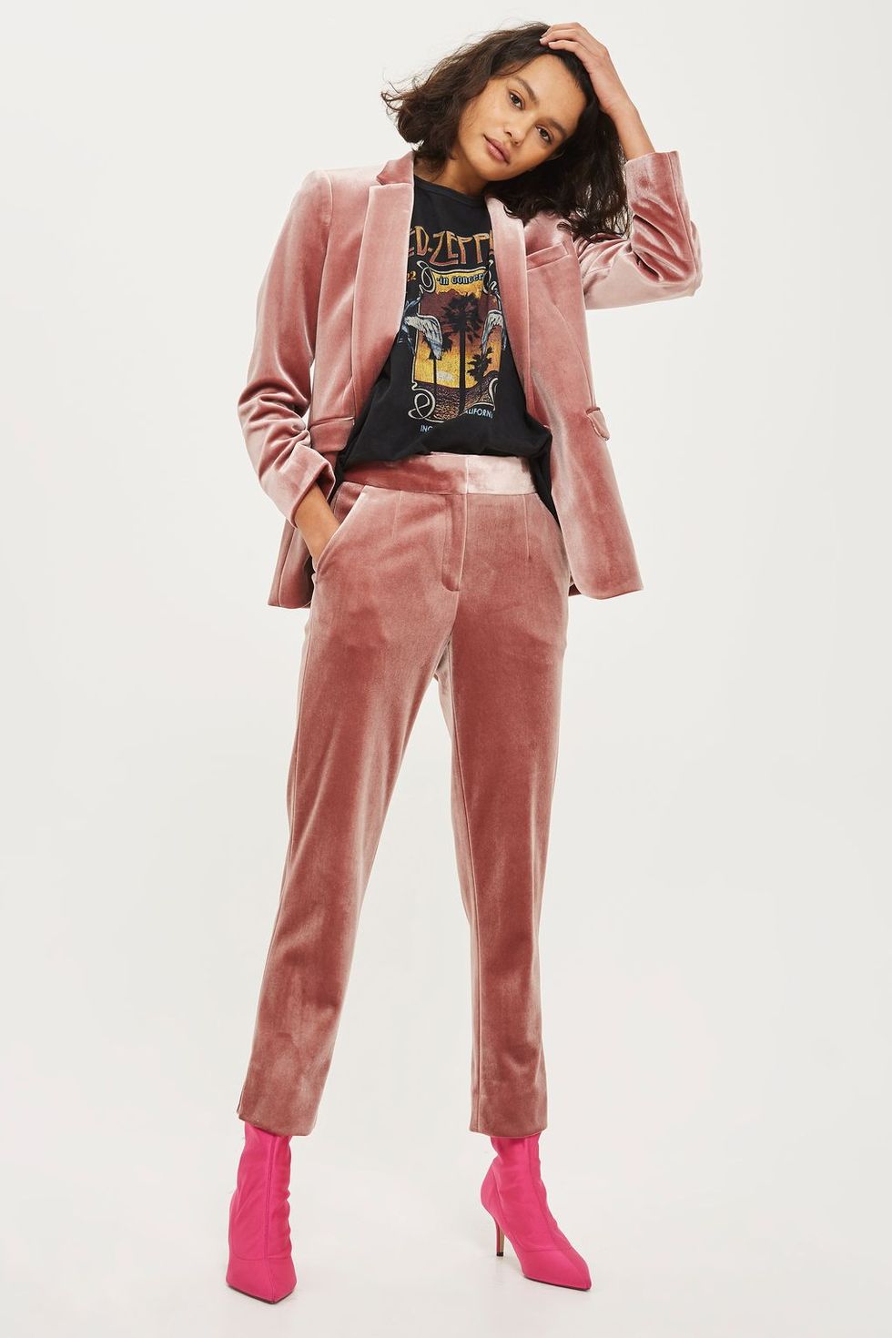 This pink velvet suit from Topshop is selling out
