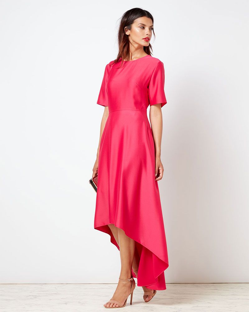 Clothing, Dress, Day dress, Fashion model, Shoulder, Pink, Gown, Sleeve, Joint, Neck, 