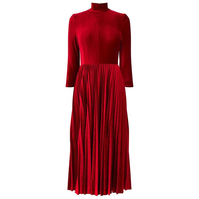 Clothing, Dress, Day dress, Red, Shoulder, Gown, Sleeve, Cocktail dress, Neck, A-line, 