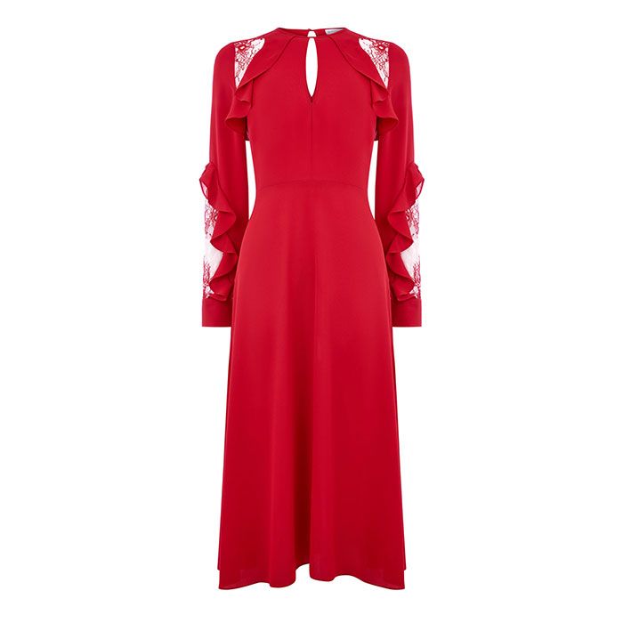 Clothing, Dress, Day dress, Red, Sleeve, Cocktail dress, Gown, Neck, Robe, Outerwear, 