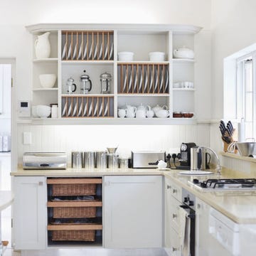 Furniture, Room, Kitchen, Cabinetry, Shelf, Countertop, Property, Interior design, Cupboard, Shelving, 