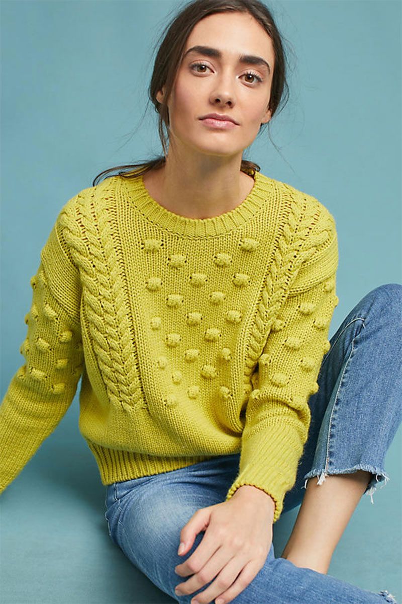 Clothing, Yellow, Sweater, Blue, Knitting, Outerwear, Top, Sleeve, Wool, Photo shoot, 