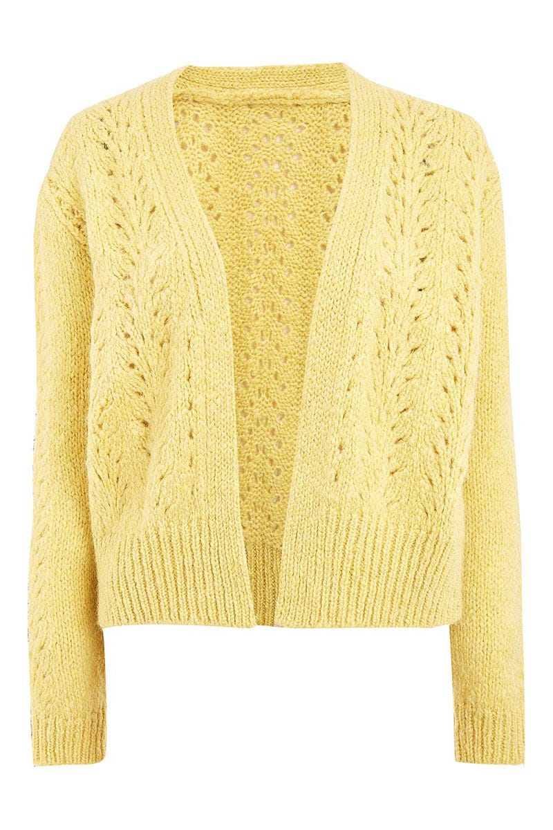 Clothing, Outerwear, Sweater, Yellow, Cardigan, Sleeve, Beige, Neck, Top, Wool, 