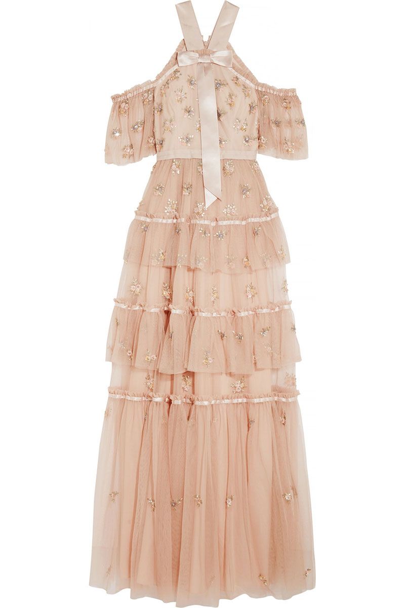Clothing, Dress, Day dress, Ruffle, Beige, Victorian fashion, Pink, Gown, Shoulder, One-piece garment, 