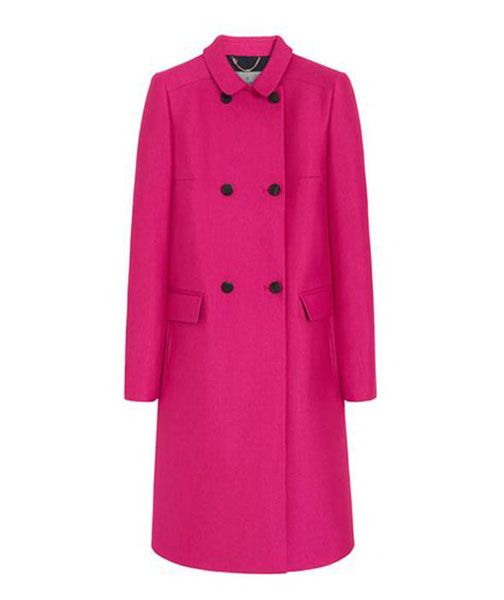 Clothing, Coat, Trench coat, Outerwear, Overcoat, Pink, Magenta, Sleeve, Collar, Button, 
