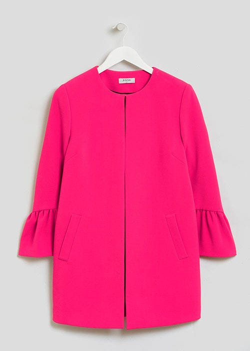 Clothing, Pink, Outerwear, Sleeve, Magenta, Coat, Collar, Jacket, Zipper, Overcoat, 