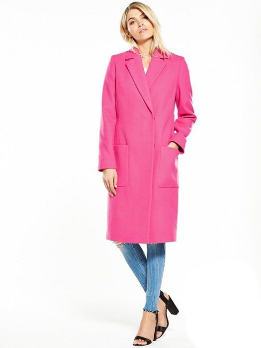 Clothing, Coat, Trench coat, Pink, Outerwear, Overcoat, Sleeve, Duster, Magenta, Dress, 