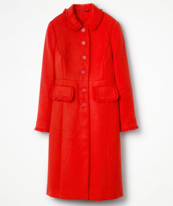 Clothing, Coat, Outerwear, Overcoat, Red, Sleeve, Trench coat, Collar, Button, Dress, 