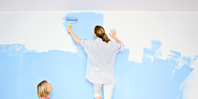 Paint roller, Blue, Standing, Wall, Balance, Ladder, 