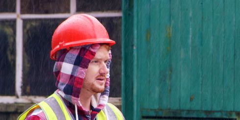 Workwear, Personal protective equipment, Design, Headgear, Construction worker, Tartan, Pattern, Hat, High-visibility clothing, Plaid, 