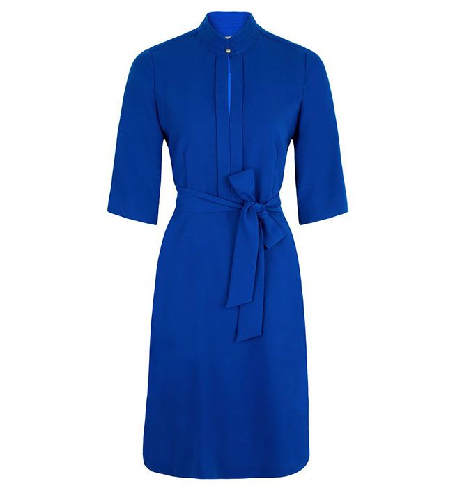 Clothing, Cobalt blue, Blue, Dress, Day dress, Electric blue, Sleeve, Collar, Outerwear, Robe, 