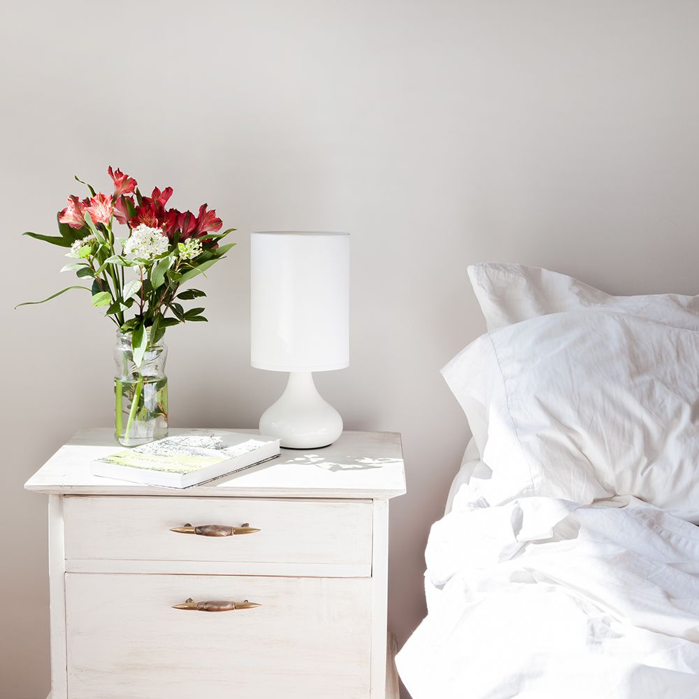 White, Nightstand, Furniture, Room, Bedroom, Red, Chest of drawers, Table, Interior design, Bed, 