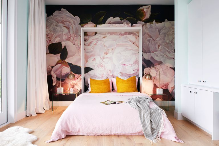 Bedroom, Room, Furniture, Bed, Bed sheet, Pink, Bedding, Interior design, Wall, Textile, 