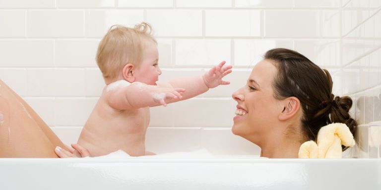 Bathing, Child, Face, Bathtub, Skin, Baby bathing, Baby, Nose, Toddler, Cheek, 