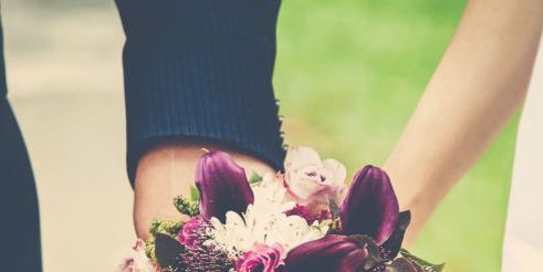 Bouquet, Flower, Arm, Pink, Purple, Violet, Plant, Hand, Floral design, Dress, 