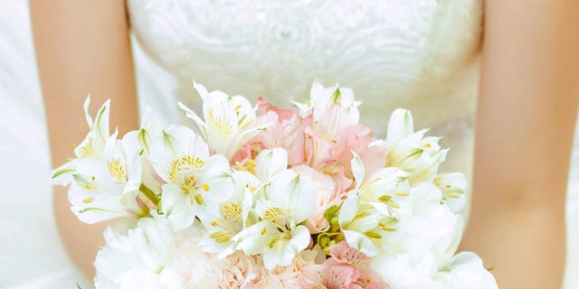 Bouquet, Flower, Pink, Cut flowers, Plant, Hand, Dress, Peony, Petal, Bride, 