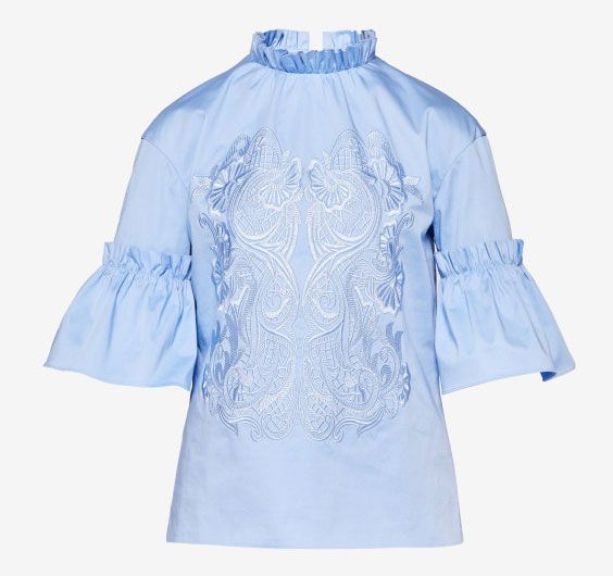 Clothing, Blue, White, Sleeve, Blouse, Outerwear, Shirt, Top, Lace, Textile, 